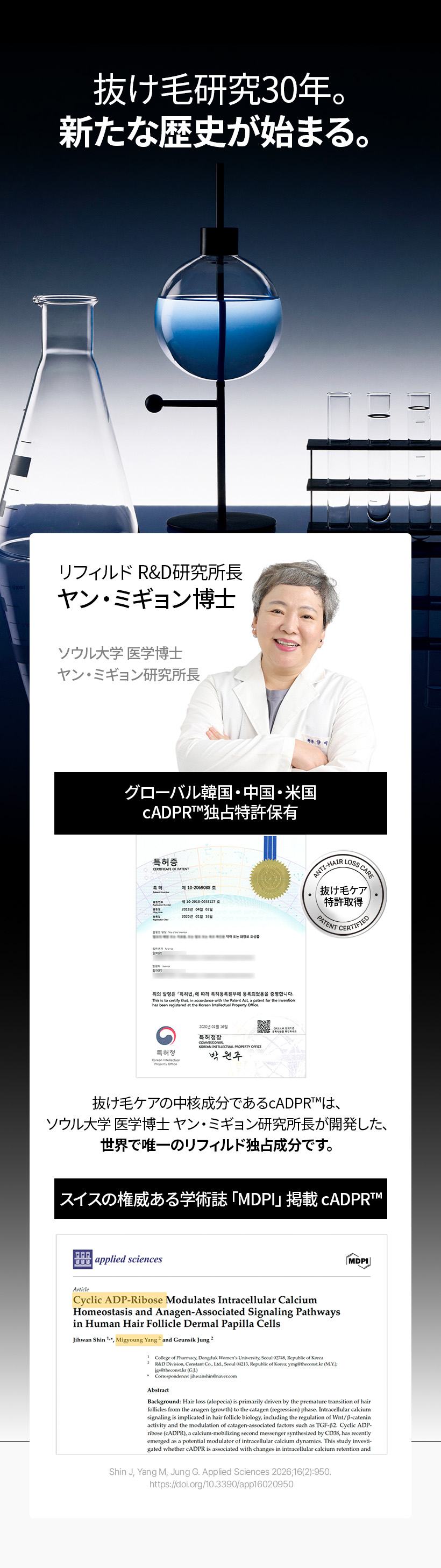 リフィルド R&D研究所長 ヤン・ミギョン博士。韓国・中国・米国 cADPR™独占特許保有、MDPI掲載論文